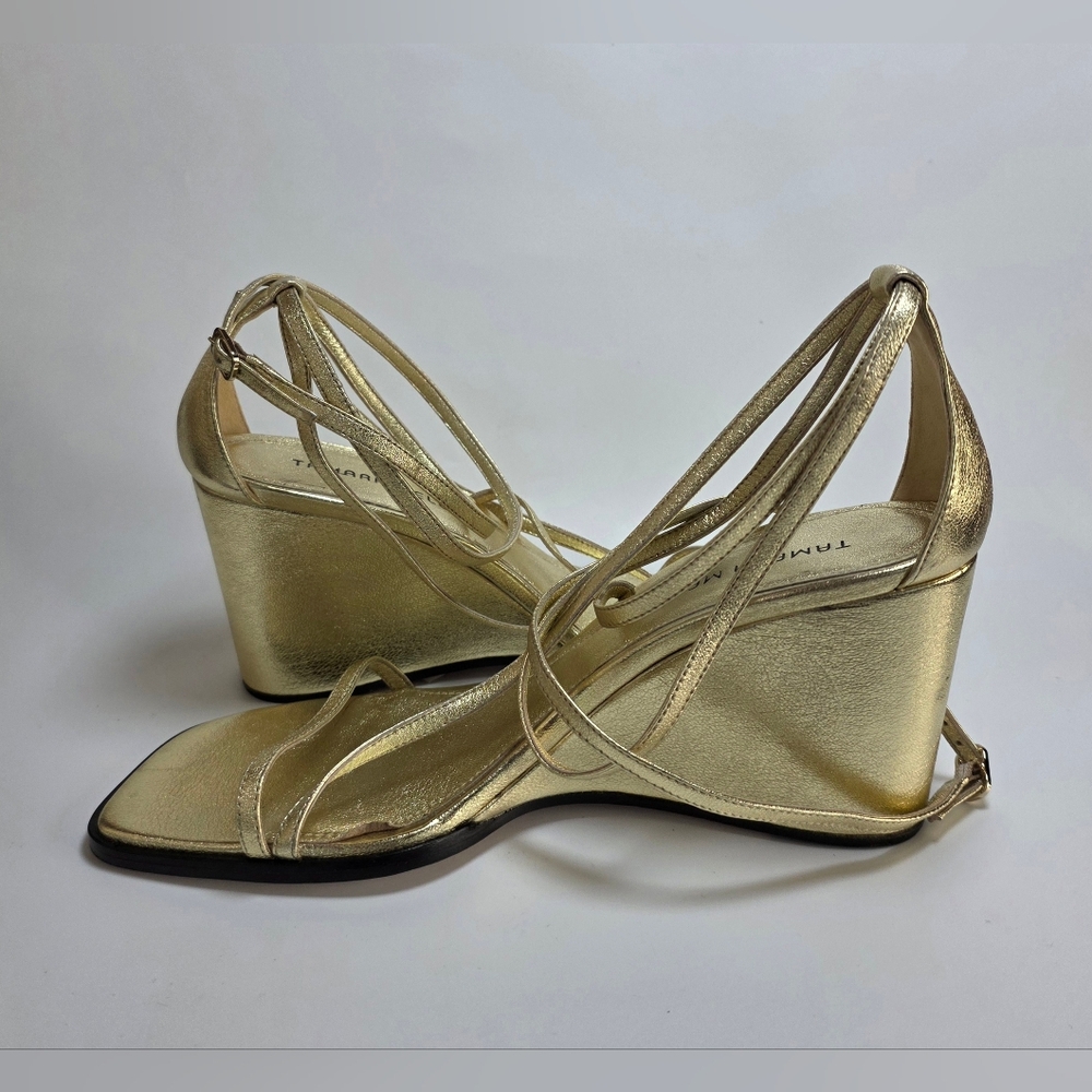 Tamara Mellon Nappa Metallic Gold Strappy Wedge Heels Size 40.5 - Picture 5 of 16